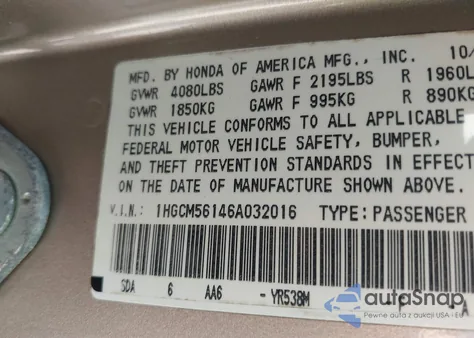 2006 Honda Accord 2.4 Vp из США, поврежденный, VIN 1HGCM56146A032016